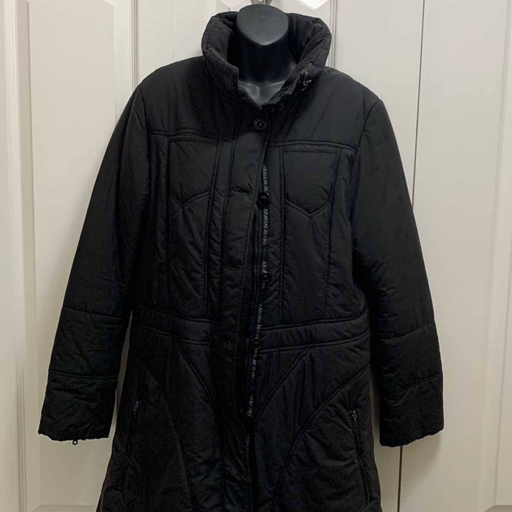 Vintage Armani Jeans Long Zip Funnel Pockets Cuffs Hide-Away Hood Bungee Buttons